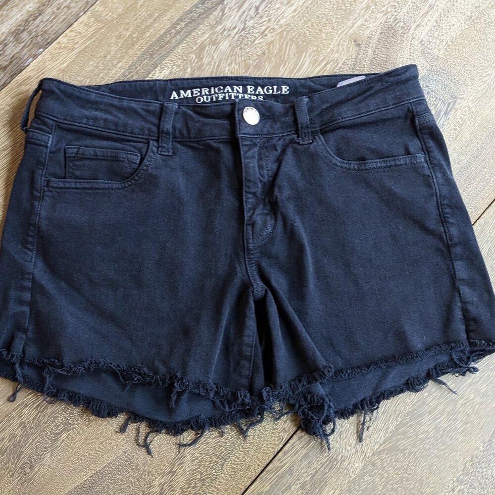American Eagle Outfitters Super Stretch Midi Black Jean Cut Off Shorts, Size 10